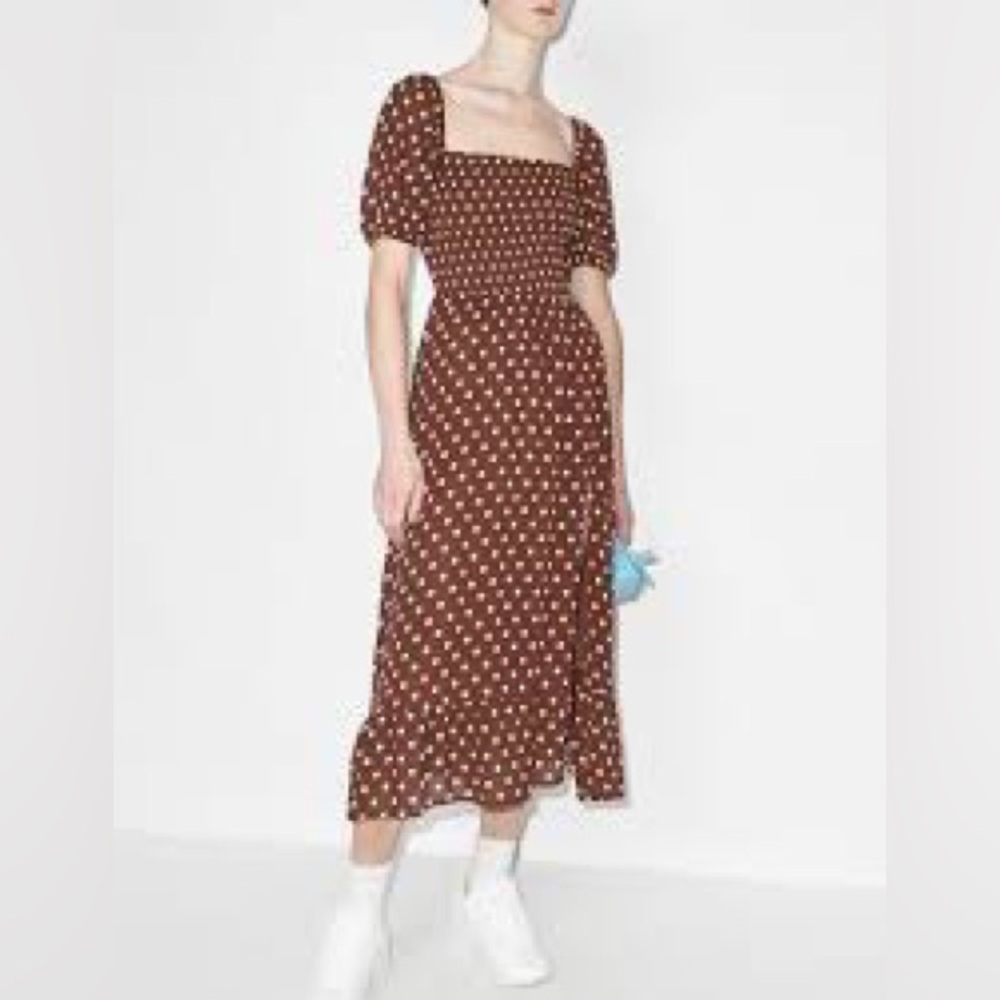 Reformation Meadow Dress in Brown Polka Dot, Vintage Retro Style Midi Dress